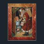 Vintage Father Christmas and Holly Postcard<br><div class="desc">Nostalgic red-robed Victorian era Father Christmas giving gifts to little girl framed by open door,  holly and Merry Christmas greeting with gold highlights. Optional antique ornate distressed coordinating frame in red and gold tones. Back features suggested editable greeting and text fields on antique paper texture.</div>