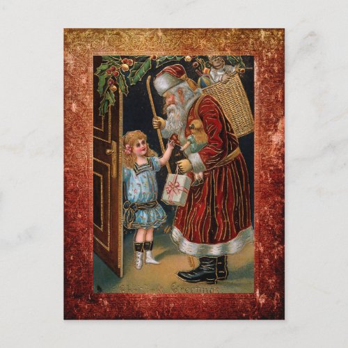 Vintage Father Christmas and Holly Postcard