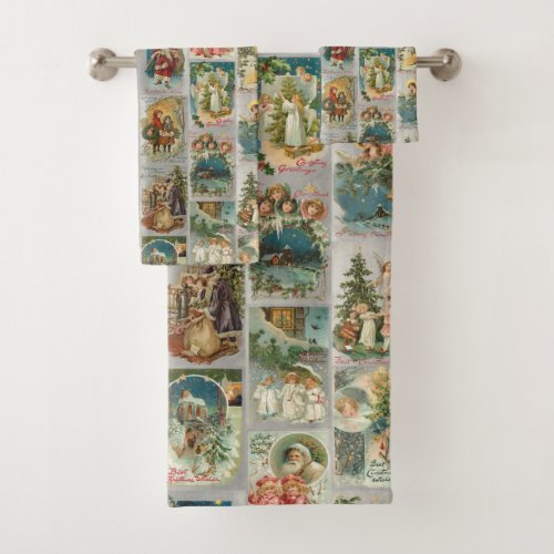 Vintage Father Christmas Angels  Winter Collage Bath Towel Set