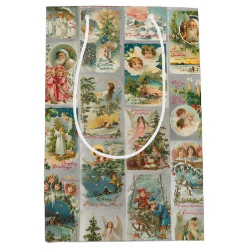 Vintage Father Christmas Angels  Winter Collage Medium Gift Bag