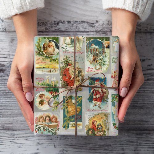 Vintage Father Christmas Angels  Winter Collage Wrapping Paper