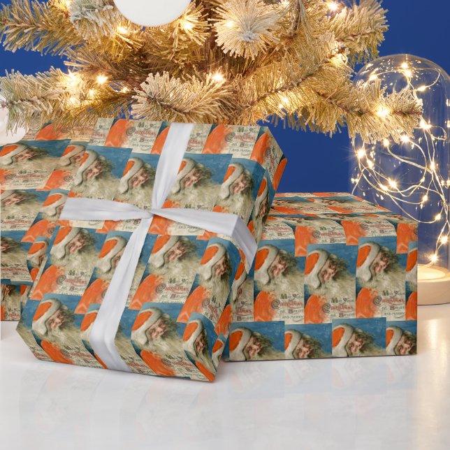 Vintage Father Christmas Blue Collage Ephemera Wrapping Paper (Holidays)