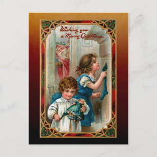 Vintage Father Christmas Children Ornate Frame Postcard