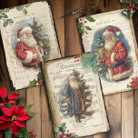Vintage Father Christmas Floral Music Ephemera Wrapping Paper Sheets<br><div class="desc">Jolly trio of vintage style Santa collages featuring colorful vignette portraits of old world Father Christmas framed by decorative winter botanical borders with Christmas sheet music notation on aged,  torn parchment paper backgrounds.</div>