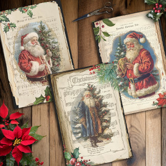 Vintage Father Christmas Floral Music Ephemera Wrapping Paper Sheets
