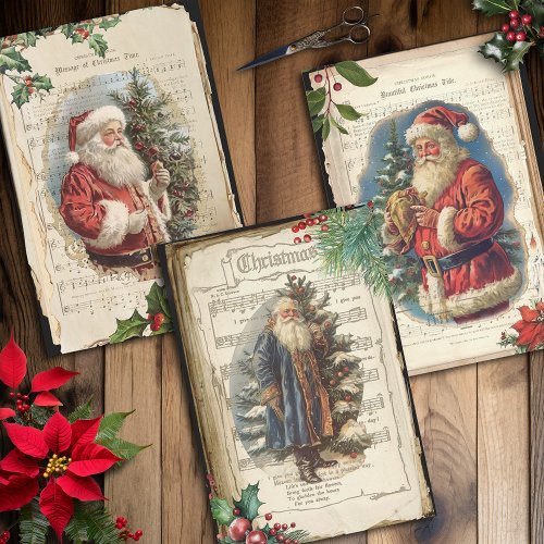 Vintage Father Christmas Floral Music Ephemera Wrapping Paper Sheets