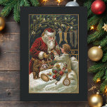 Vintage Father Christmas Giving Gifts to Child Holiday Card<br><div class="desc">Elegant and timeless traditional Christmas art featuring smiling red-robed Santa giving gifts to a child in bed with stockings hanging nearby and mistletoe overhead. Art is embellished with gold highlights and background color is editable. Back features unique custom complementary graphics with editable text fields.</div>