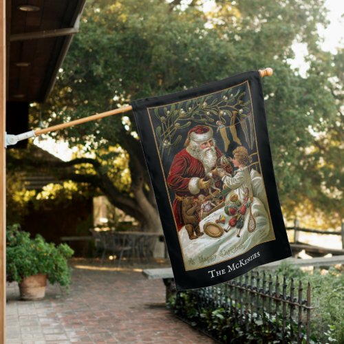Vintage Father Christmas Giving Gifts to Child House Flag