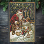 Vintage Father Christmas Giving Gifts to Child Tissue Paper<br><div class="desc">Elegant and timeless traditional Christmas art featuring smiling red-robed Santa giving gifts to a child in bed with stockings hanging nearby and mistletoe overhead. Art is embellished with gold highlights and background color is editable.</div>