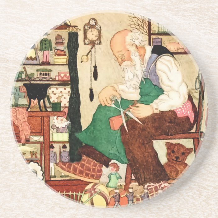 Vintage Father Christmas in his workshop Beverage Coaster