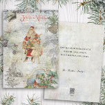 Vintage Father Christmas in Snow Collage Holiday Card<br><div class="desc">Festive seasonal collage of colorful vintage ephemera featuring old world Father Christmas in red robes and gifts with little girl,  engraved holly border and Joyeux Noel text,  brass bell and mistletoe,  pine and winter landscape with snowflakes and distressed background.</div>