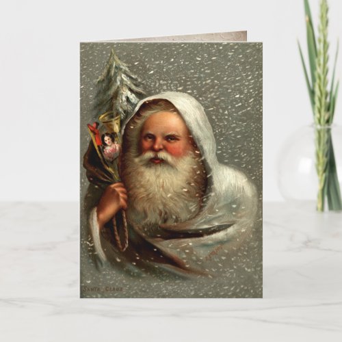 Vintage Father Christmas in Snow with Toys Holiday Card