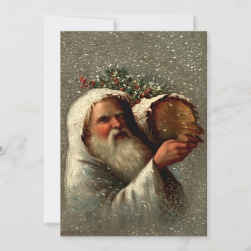 Vintage Father Christmas in Snow with Yule Log Holiday Card