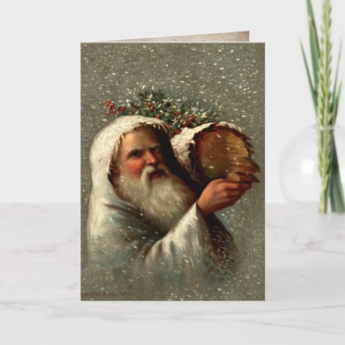 Vintage Father Christmas in Snow with Yule Log Holiday Card