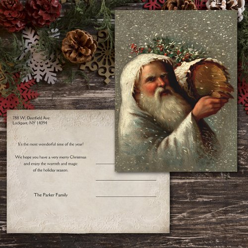 Vintage Father Christmas in Snow with Yule Log Postcard