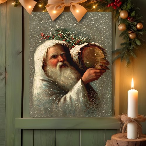 Vintage Father Christmas in Snow with Yule Log Wood Photo Tile