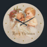 Vintage Father Christmas with Child Large Clock<br><div class="desc">Charming and nostalgic Santa Claus or Father Christmas holding golden-haired child with optional gold "Merry Christmas" greeting and gold dots.</div>