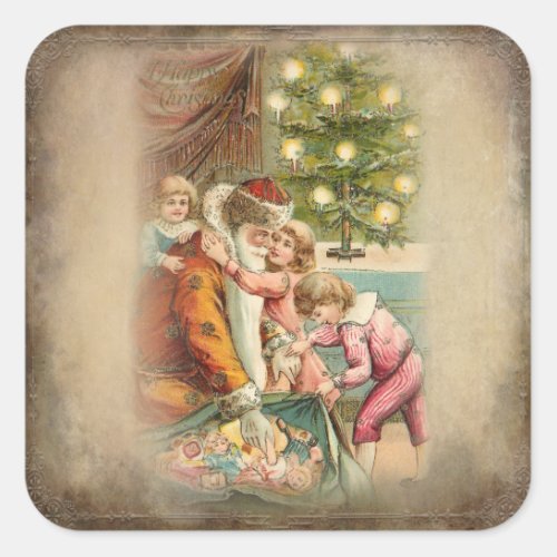 Vintage Father Christmas with Children and Gifts Square Sticker
