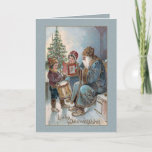 Vintage Father Christmas with Children Holiday Card<br><div class="desc">Kindly old Father Christmas in blue robes sits with children,  one with a book and one with a drum,  with Christmas tree in background. Custom blue textured background. Inside features complementary background graphics and editable text fields.</div>