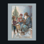 Vintage Father Christmas with Children Postcard<br><div class="desc">Kindly old Father Christmas in blue robes sits with children,  one with a book and one with a drum,  with Christmas tree in background. Custom blue textured background. Back features complementary background graphics and editable text fields.</div>
