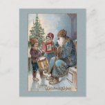 Vintage Father Christmas with Children Postcard<br><div class="desc">Kindly old Father Christmas in blue robes sits with children,  one with a book and one with a drum,  with Christmas tree in background. Custom blue textured background. Back features complementary background graphics and editable text fields.</div>
