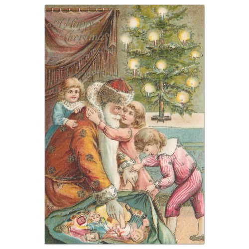 Vintage Father Christmas with Happy Children Tissue Paper