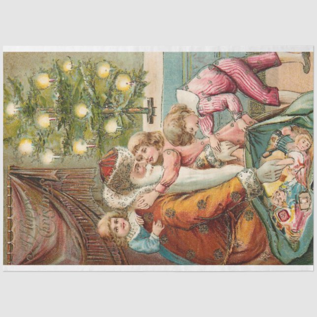 Vintage Father Christmas with Happy Children Tissue Paper (Front)