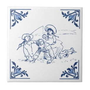 Vintage Father & Kids Playing Delft Blue and White Ceramic Tile