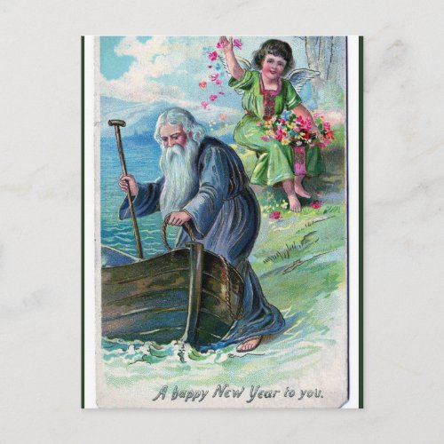 Vintage Father Time and Cherub Happy New Year Postcard
