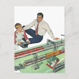 Vintage Father's Day, Dad and Son with Trains Postcard