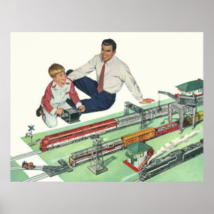 Vintage Father's Day, Dad and Son with Trains Poster