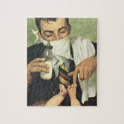 Vintage Fathers Day Dad Giving Baby a Bottle Jigsaw Puzzle