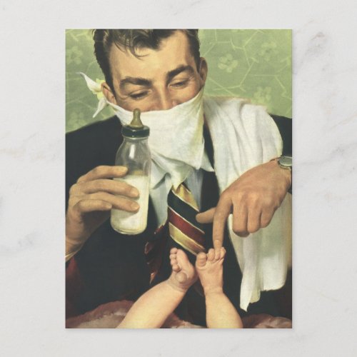 Vintage Fathers Day Dad Giving Baby a Bottle Postcard