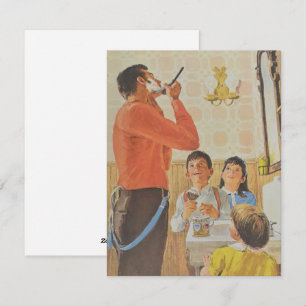 Vintage Fathers Day Dad Shaving While Kids Watch Holiday Card