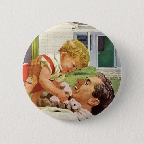 Vintage Fathers Day Happy Family in the Suburbs Button
