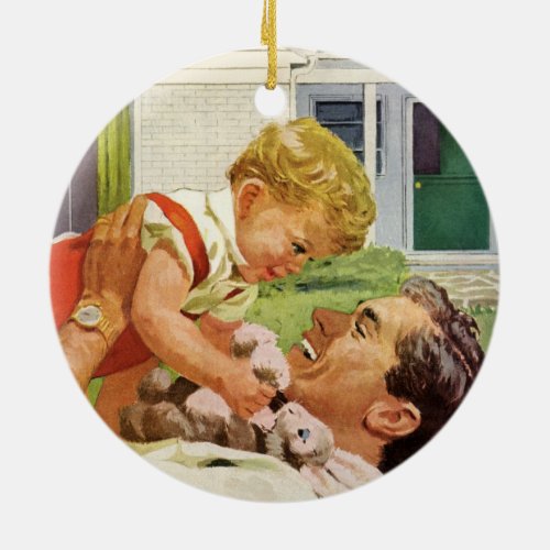 Vintage Fathers Day Happy Family in the Suburbs Ceramic Ornament