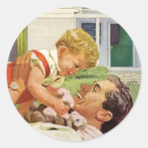 Vintage Fathers Day Happy Family in the Suburbs Classic Round Sticker
