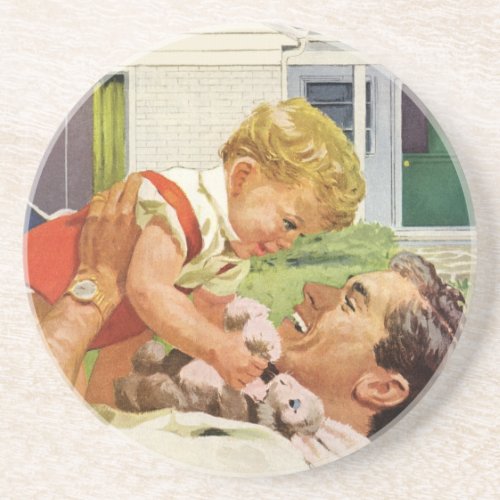 Vintage Fathers Day Happy Family in the Suburbs Coaster