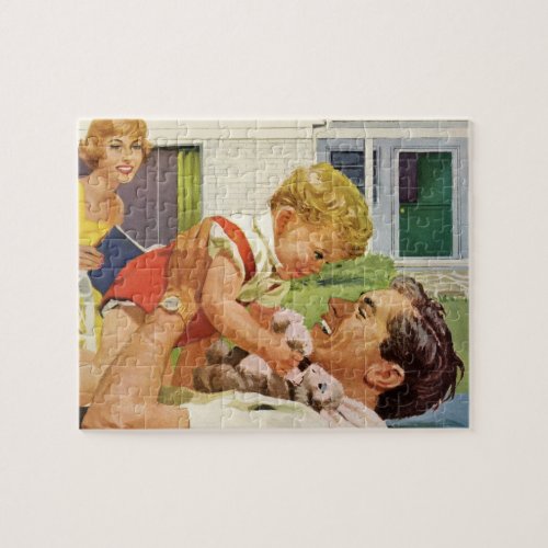 Vintage Fathers Day Happy Family in the Suburbs Jigsaw Puzzle