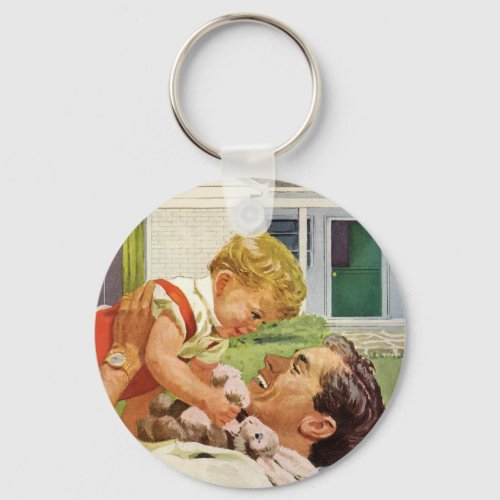 Vintage Fathers Day Happy Family in the Suburbs Keychain