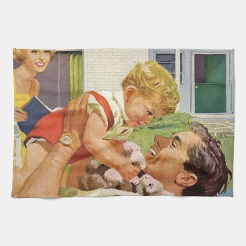 Vintage Fathers Day Happy Family in the Suburbs Kitchen Towel