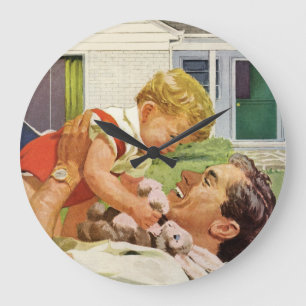 Vintage Fathers Day, Happy Family in the Suburbs Large Clock