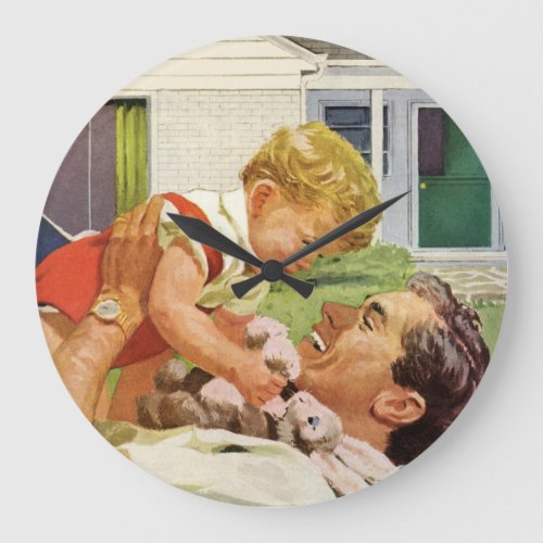 Vintage Fathers Day Happy Family in the Suburbs Large Clock