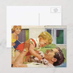 Vintage Fathers Day, Happy Family in the Suburbs Postcard