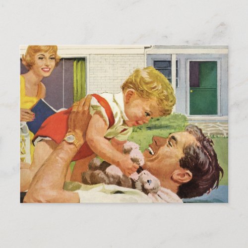 Vintage Fathers Day Happy Family in the Suburbs Postcard