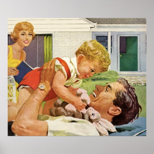 Vintage Fathers Day Happy Family in the Suburbs Poster