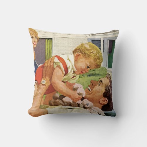 Vintage Fathers Day Happy Family in the Suburbs Throw Pillow