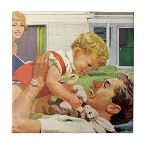 Vintage Fathers Day Happy Family in the Suburbs Tile