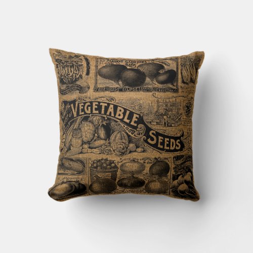 Vintage Faux Burlap Farmers Vegetable Garden Throw Pillow