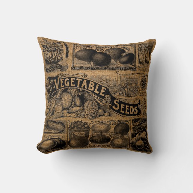 Vintage Faux Burlap Farmers Vegetable Garden Throw Pillow (Front)
